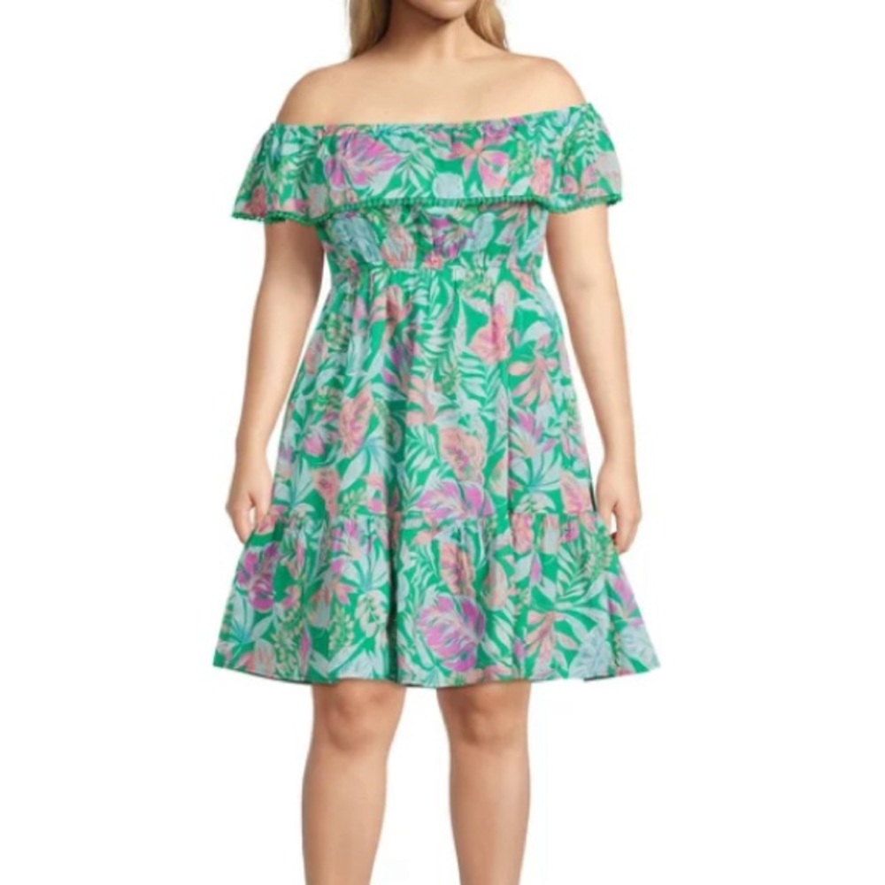 NWT. Terra & sky off the shoulder dress in tropical/orchid bloom. 2x (20-22).